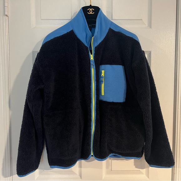 J. Crew Superplush sherpa full-zip jacket Size S color block Navy Blue Green - Picture 2 of 14